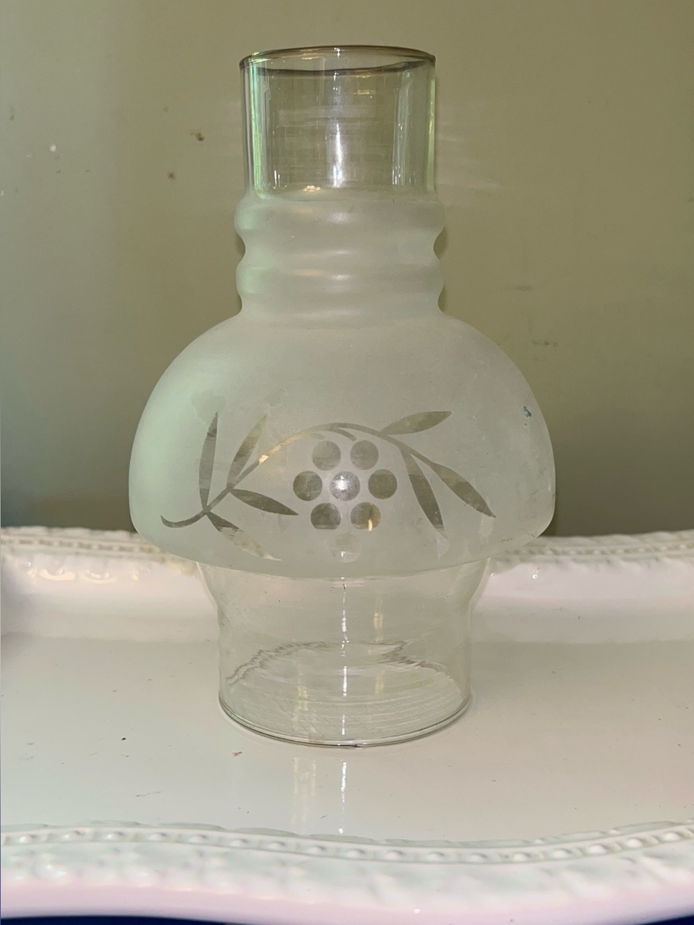 Vintage Frosted Glass Grapevine Motif Hooded/Boudoir Oil Lamp Chimney